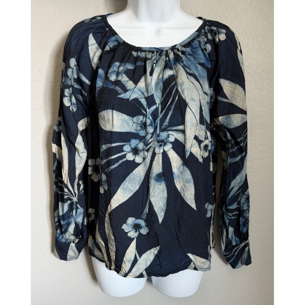 Karen Kane Top Blouse Womens Size Small Blue Long Sleeve Peasant Floral
